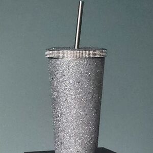 Silver Glitter Tumbler with Straw